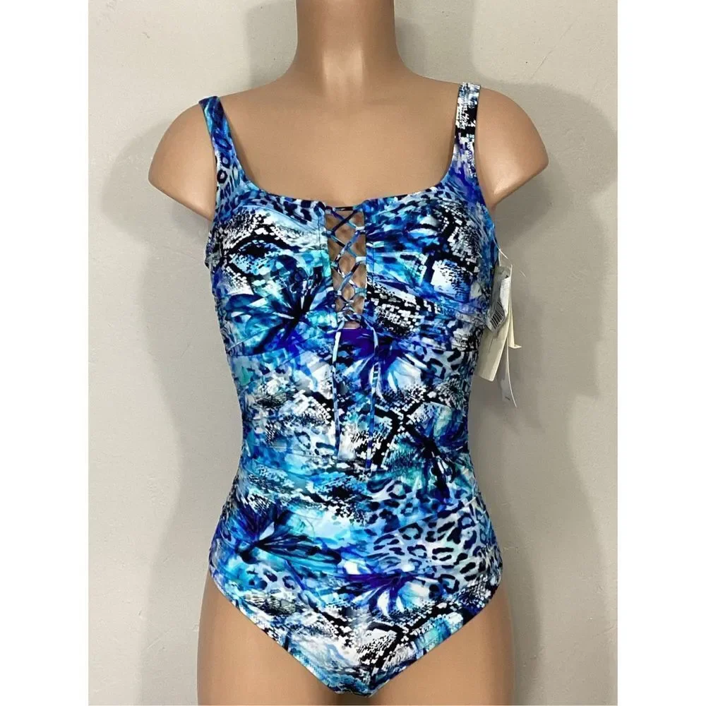 New. GOTTEX cheetah and snake print lace up swimsuit. MSRP $228. Size 10